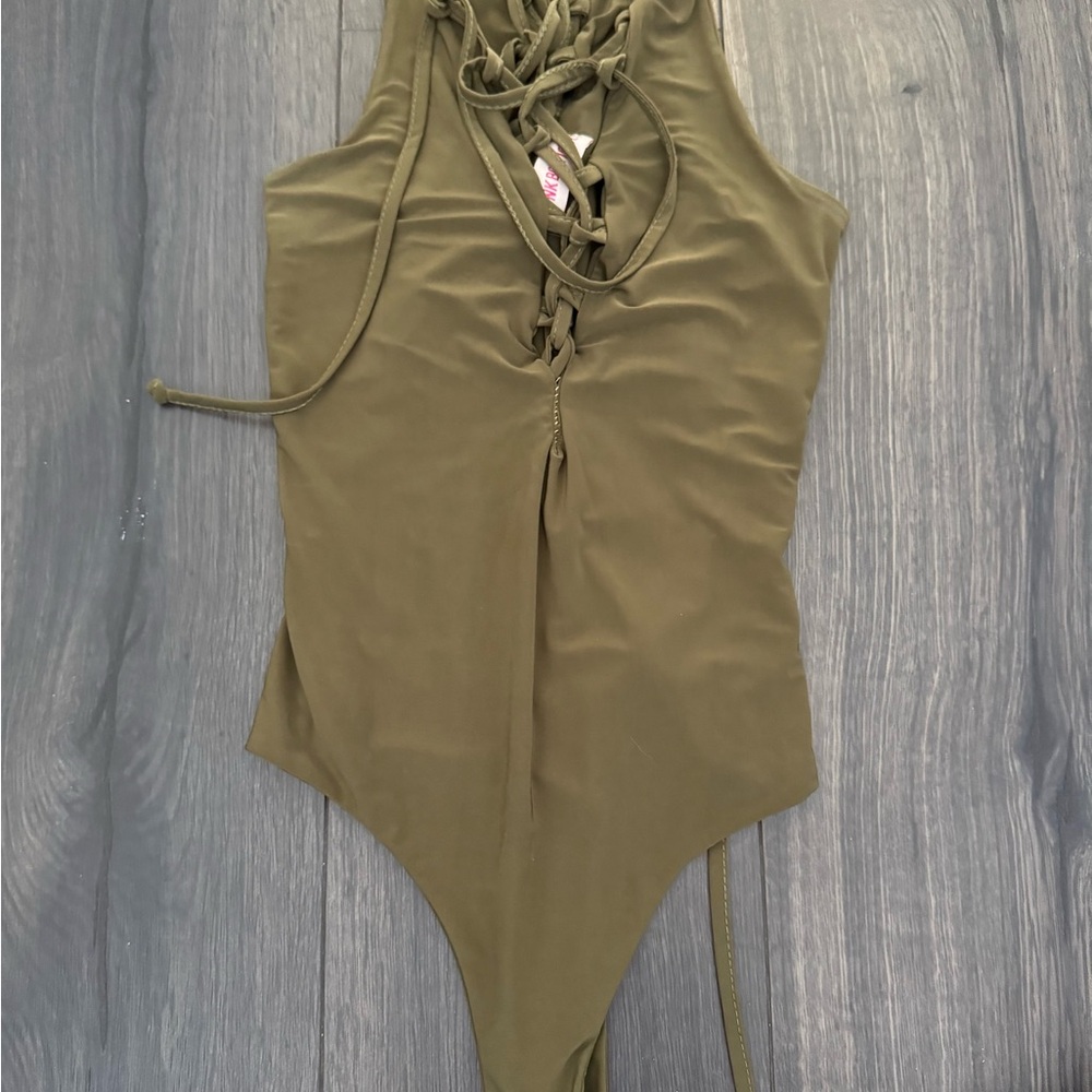 Olive Green Lace-Up Bodysuit